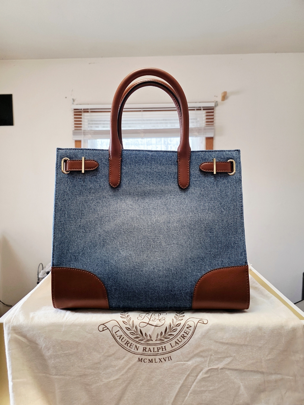 Lauren Ralph Lauren Devyn Denim with Leather Trim Medium Tote Bag